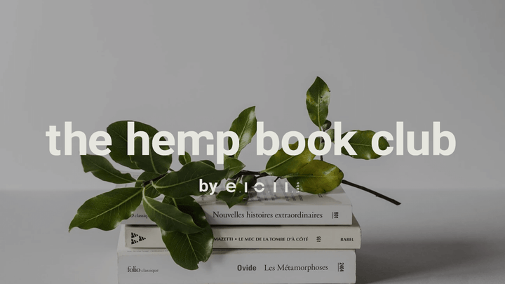 Photo of a branch on top of a stack of three books, against a white background. For E1011 Labs' page on books about hemp.