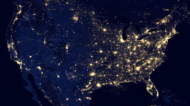 United States satellite photo with all the cities lit up